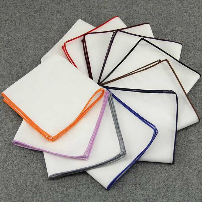 GUSLESON simple pure white color Handkerchiefs for Men Colored edges Business Casual Square Pockets Handkerchief Wedding Hankies