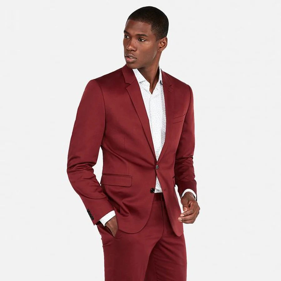 

Dark Red Men Suits Notched Lapel Tailored Formal Tuxedos For Wedding Bridegroom Two Pieces Prom Blazers (Jacket+Pants)