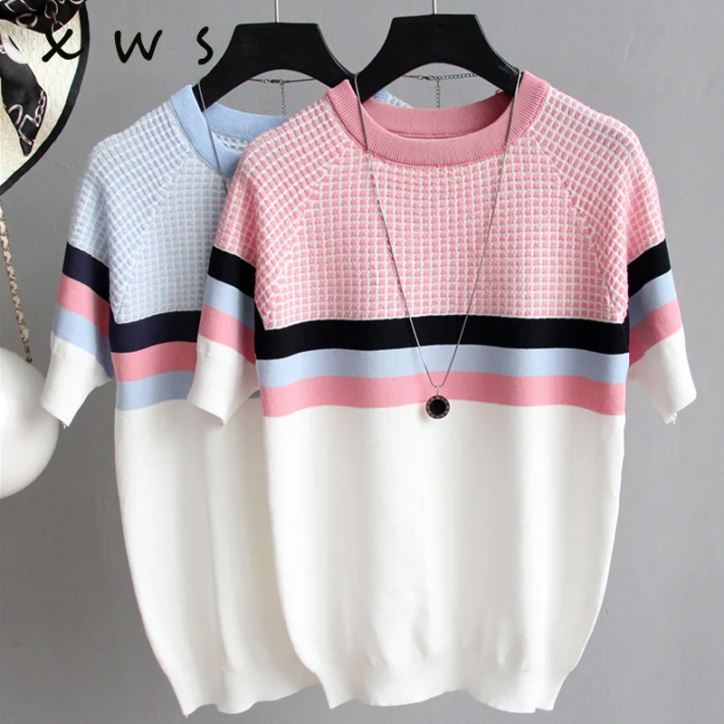 2023 NEW vintage casual summer Striped Sweater pullovers Women o-neck shor Sleeve big size sweater high quality female top