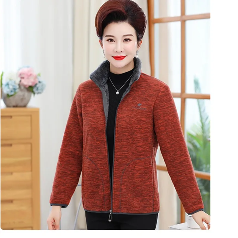 Middle-aged women Stand-collar Polar fleece Jacket Thick velvet Loose Casual Coat Warm Female Zipper Sweatshirts Outwear Tops