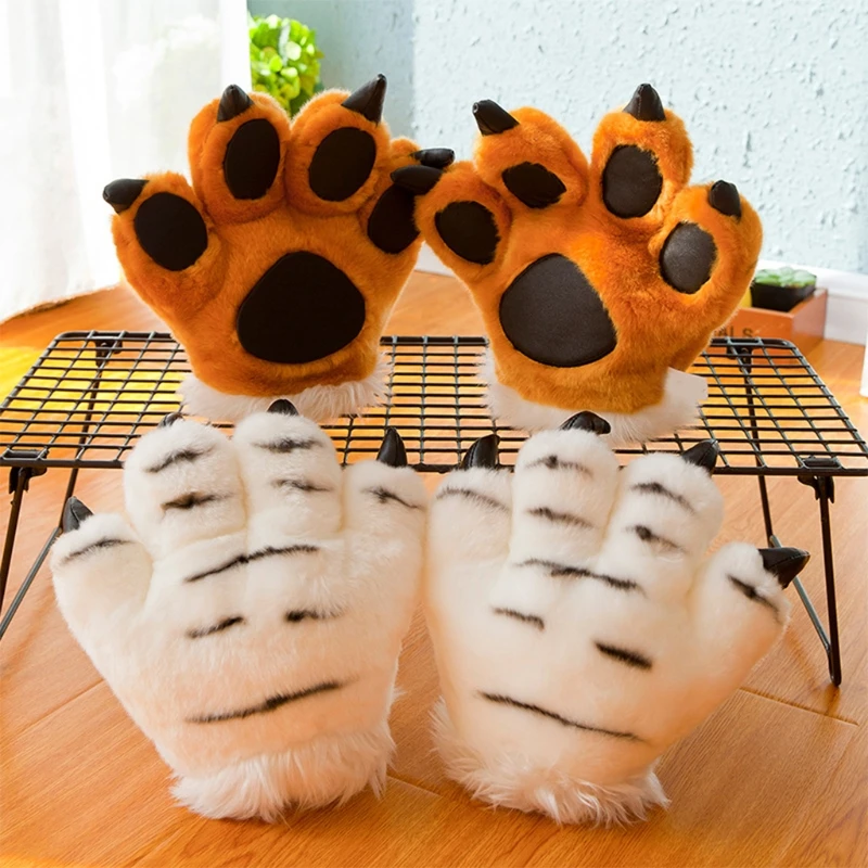 Simulation Tiger/Panda Paw Plush Gloves Striped Fluffy Animal Stuffed Toys Padded Hand Warmer Halloween Cosplay Costume Mitten