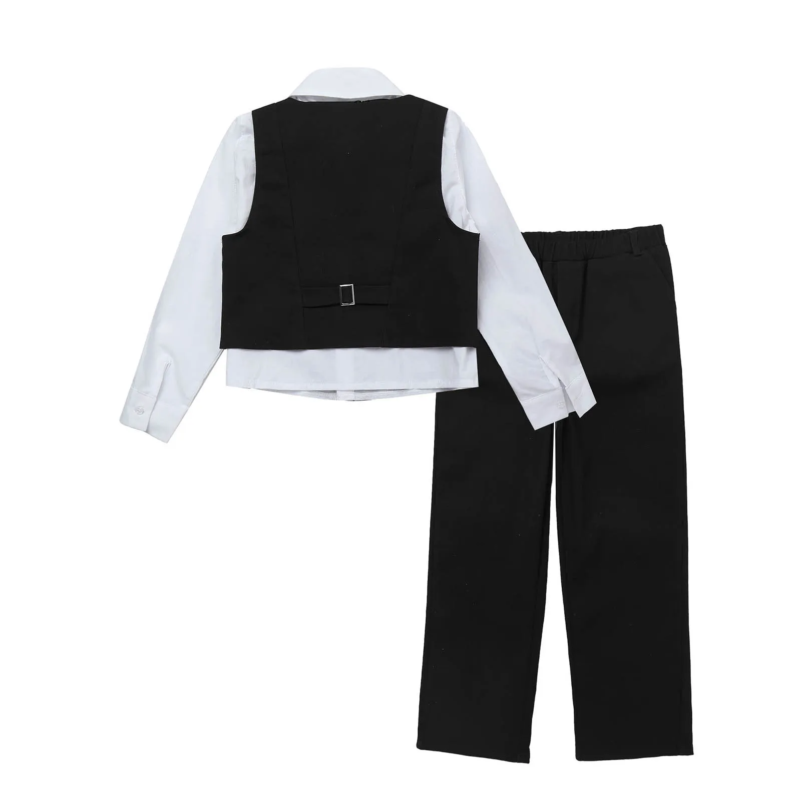 TiaoBug 4Pcs Kids Boys Suits Long Sleeve Shirt Sleeveless Single-Breasted Vest Pant With Bowknot Set For Wedding Birthday Party