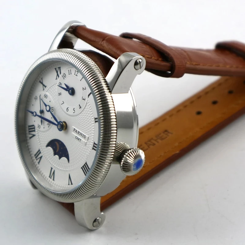 Casual Parnis 43mm White Dial Blue Hands Leather Strap GMT Watches Moon Phase Mechanical Hand Wind Men\'s Watch montre homme 2022