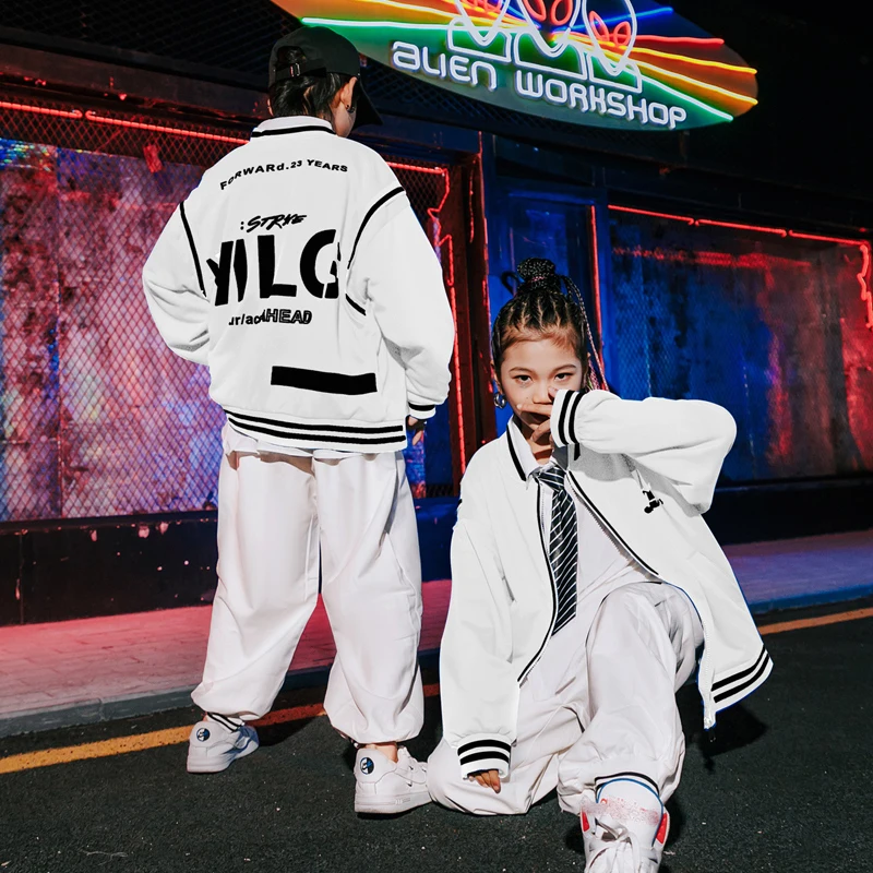 

Hip Hop Dance Clothing For Kids White Long Sleeved Loose Pants Suit Jazz Performance Costumes Boys Girls Street Wear DN10827
