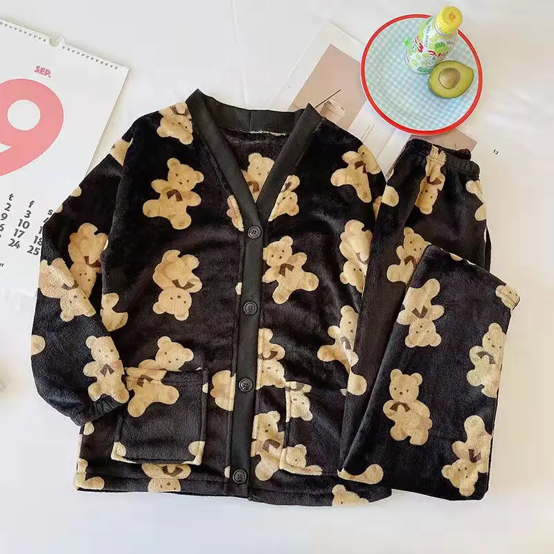 Coral Fleece Women Pajamas Set Korean Style Bear Pattern Homewear V Neck Sexy Cartoon Pijama Girls Kawaii Nightsuit Mujer New