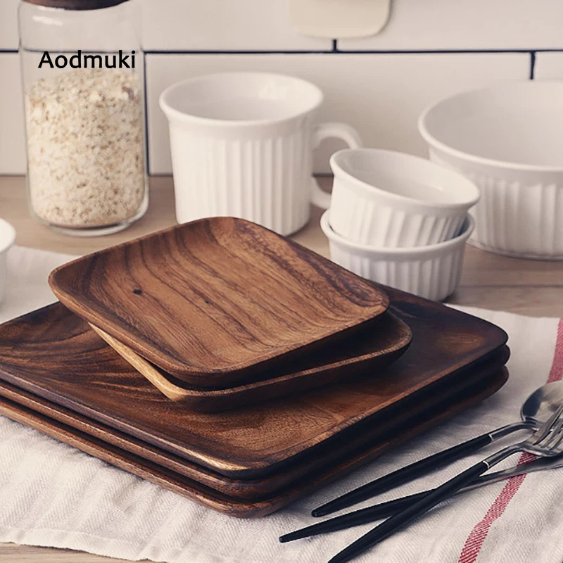 

Wooden Square Pallet Dinner Plate Dessert Plate Fruit Dish Bread Pan Home Breakfast Plate Tea Tray Household Tableware Set