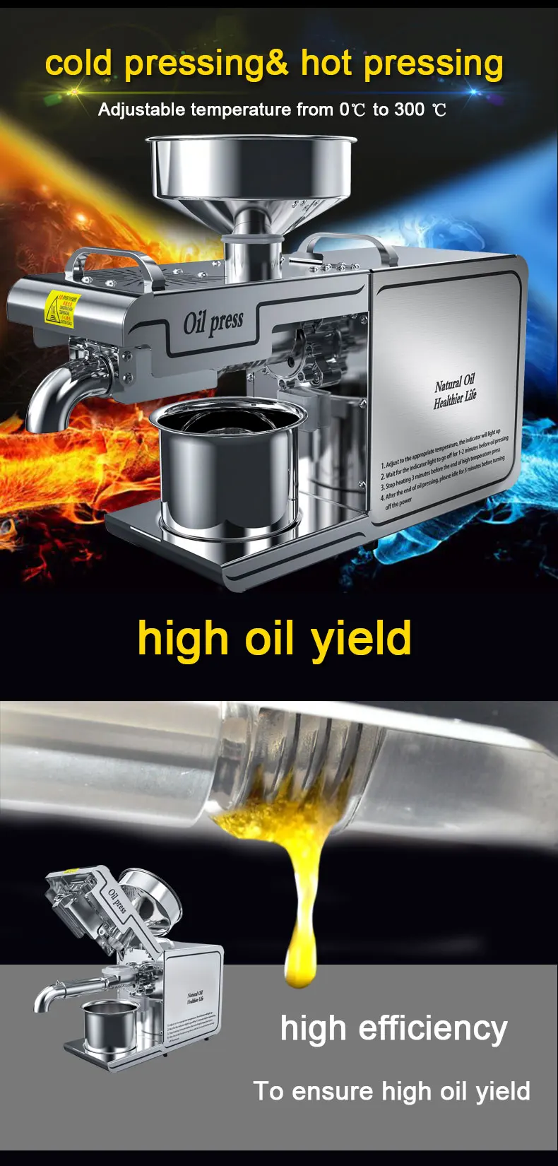 220 V/110 V Ölpresse für zu Hause, Kalt- und Wärmepresse für Oliven-/Kokosnuss-/Sojabohnenöl, automatischer Ölextraktor, hohe Ölverbrieb, einfach – Detail 5