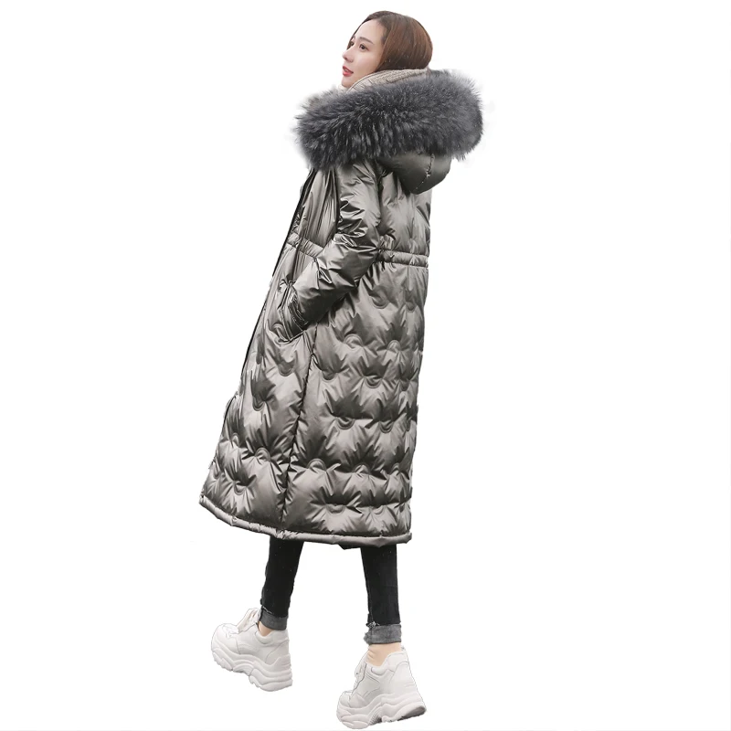 Real Raccoon Fur Collar Down Coats Long Winter Warm White Duck Down Jacket Parka Womens Glossy Down Coat Winter Hooded Overcoat