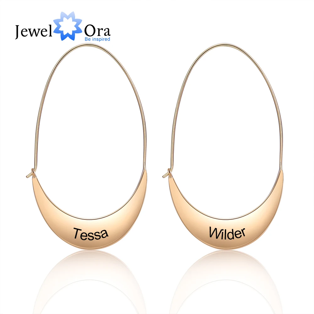 JewelOra Personalized Engraved Name Hoop Earrings for Women Geometric Style Customized Moon Shape Statement Earrings Ladies Gift