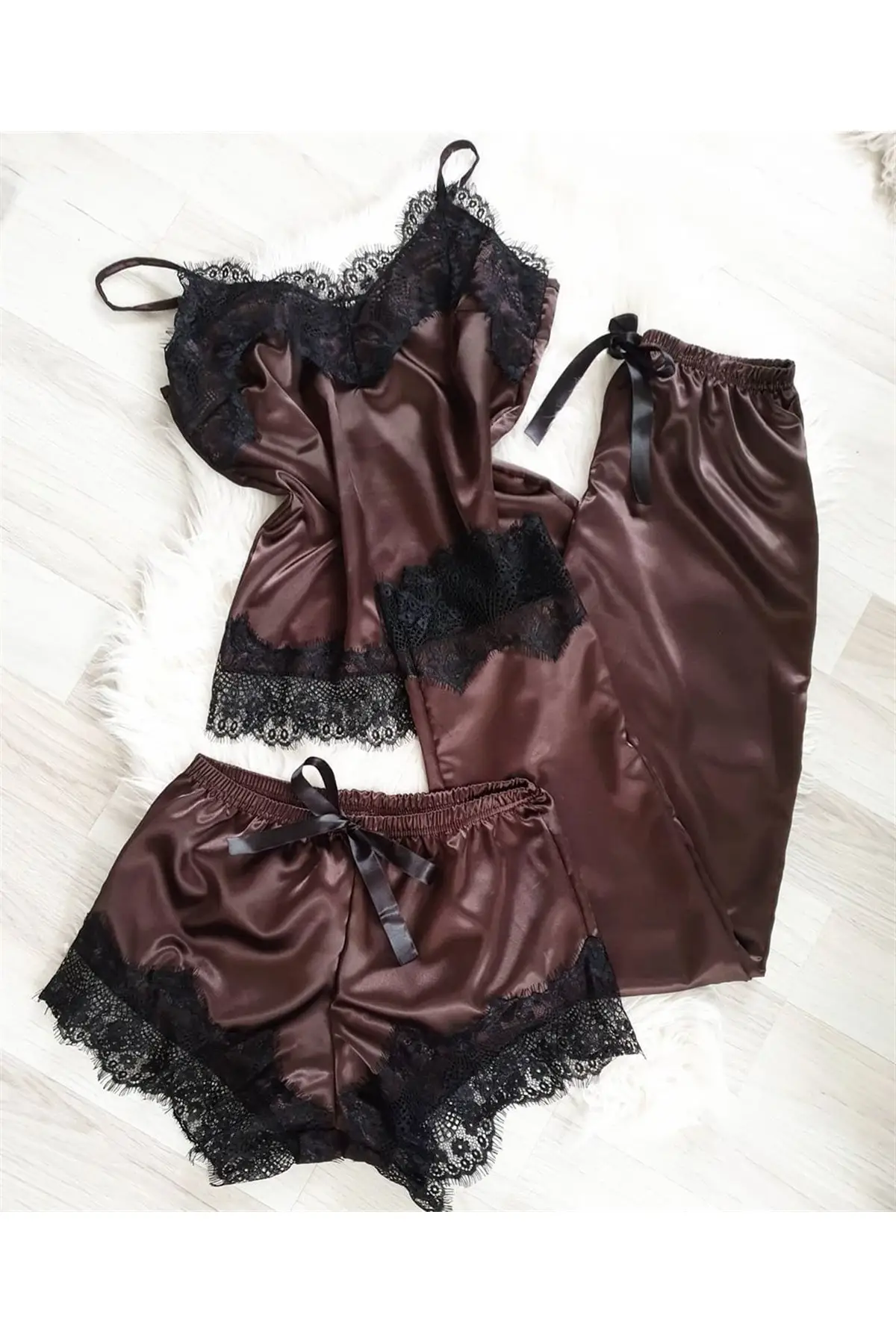 3 pcs Choco Cetim Lace Detalhe Pijamas Set
