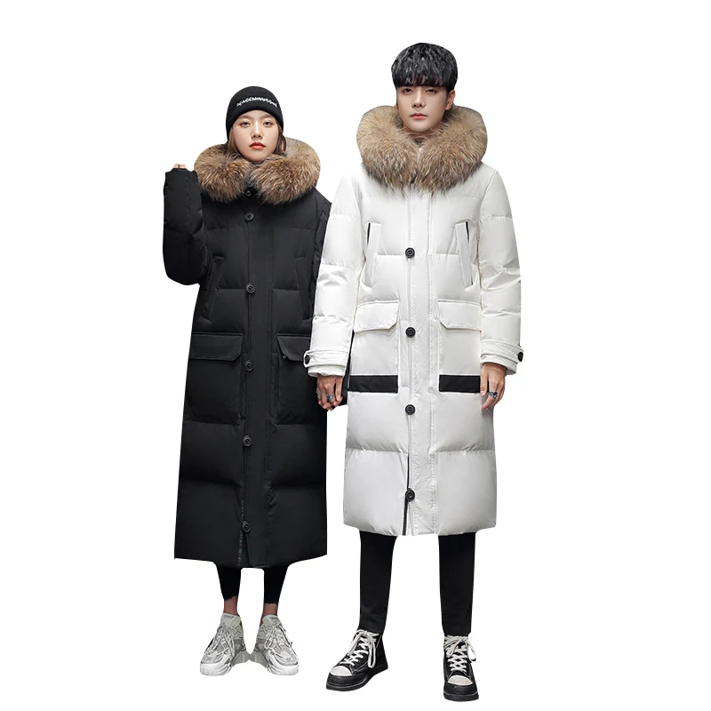 Down jacket Men\'s long thickened extreme winter coat oversized fur collar 2021 new winter couple white duck down windproof coat