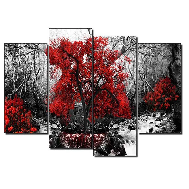 5D Diy Diamond Painting 4Pcs Natural Red Tree Waterfall Cross Stitch Kits Full Square Round Drill Mosaic EmbroideryZP-3914