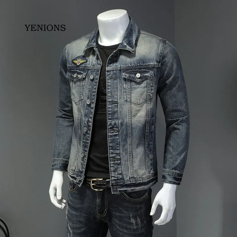 Jaqueta jeans masculina retrô de algodão, roupa fina de manga longa com emblema, casaco jeans bomber para motocicleta masculina de marca