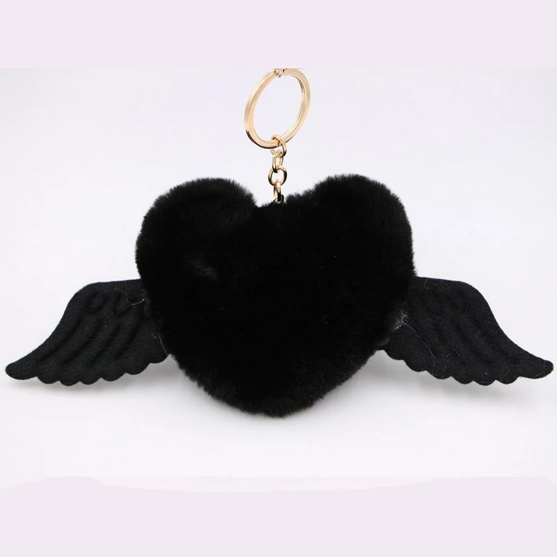 Cute Girls Fluffy Rabbit Fur Angel Wing Keychain Women Pompon Heart Fur Ball Key Ring Car Bag Pompom Trinket Jewelry Party Gift