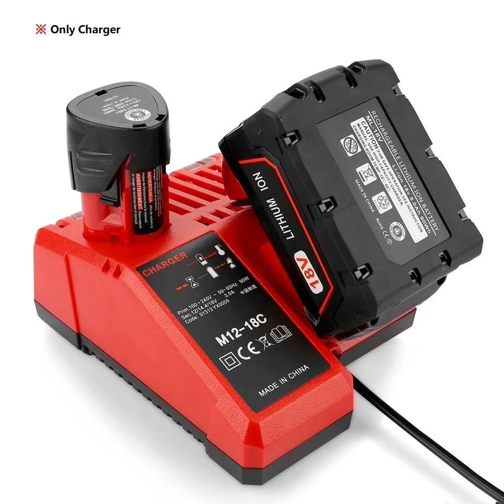 M12-18C Li-ion Battery Charger Rapid Replacement for Milwaukee 12V/18V Model 48-11-1815 48-11-1840/1850/1828 Tools Adapter US/EU