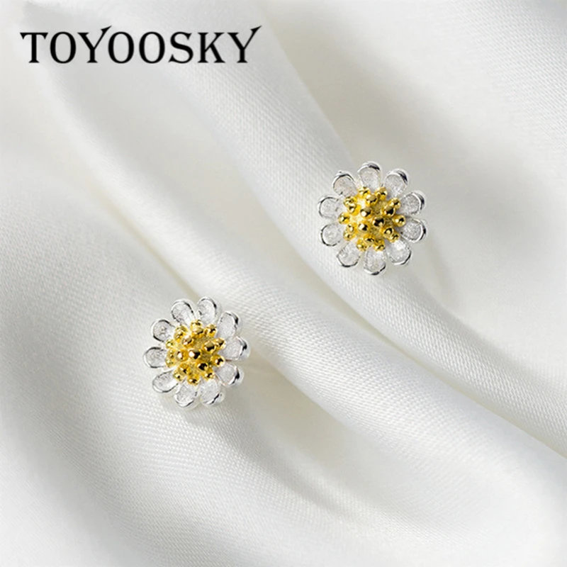 100% 925 Sterling Silver Chrysanthemum Daisy Flower Small Stud Earrings For Women Plant Earrings Silver Jewelry