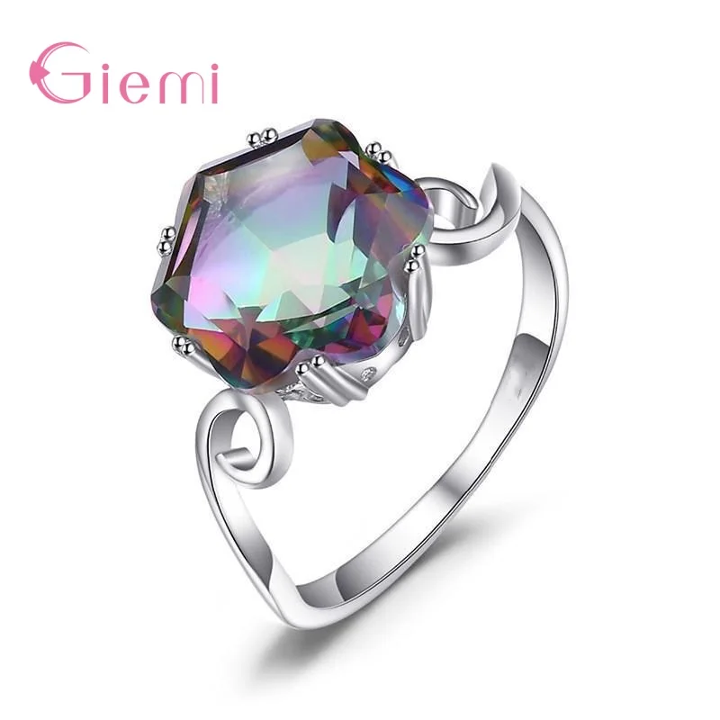 5-12 Big 925 Sterling Silver Jewelry Ring Mystic Rainbow Topaz Cubic Zircon Finger Decoration for Wedding Engagement