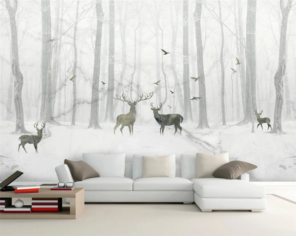 

beibehang Custom papel de parede Marble Nordic Abstract Forest Elk TV Background Wall Decoration Painting Wallpaper