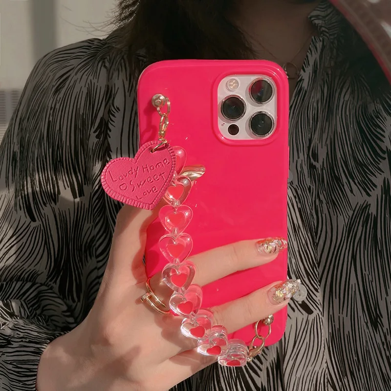 

Ins Rose Red Heart Beat iPhone Case Solid Color With Wrist iPhone15Pro Max 14 13 11 Pro Cover 12 Mini 7P 8Plus Phone Cover