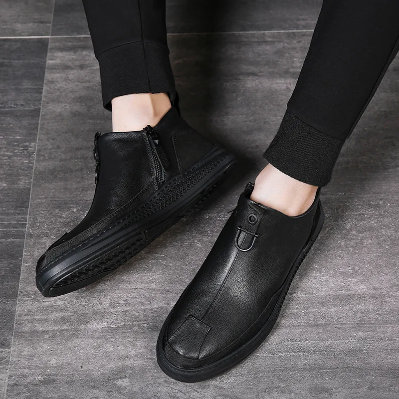 New Men's Autumn and Winter Cowhide Boots British Style Casual Cowhide Shoes Versatile Black Autumn and Winter 2021