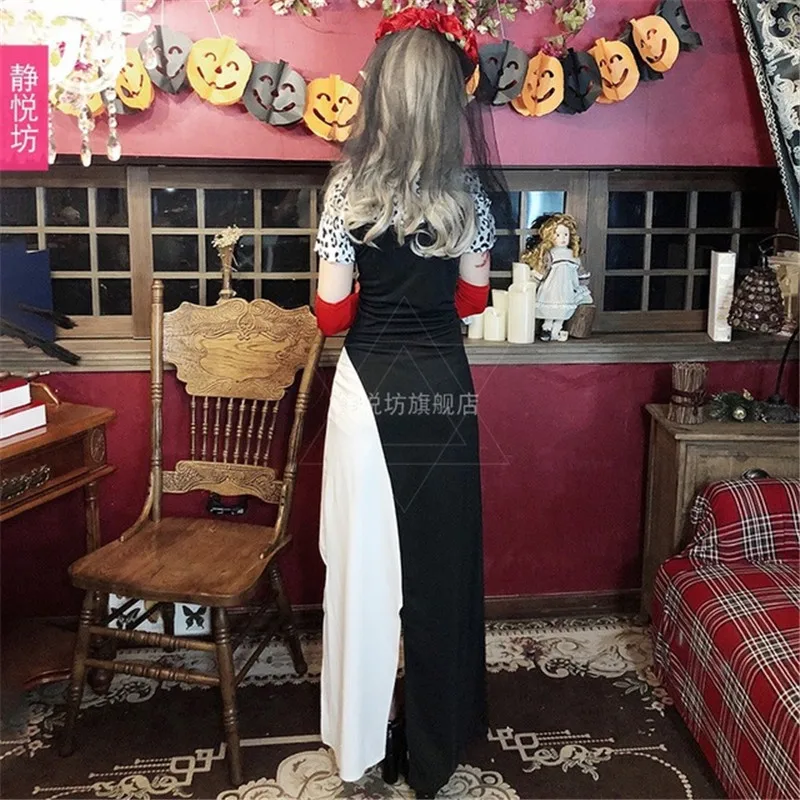 Women Halloween Party Costume Sexy V-neck Adult Female Ghost Bride Zombie Witch Costume Performance Cosplay Dress Gloves