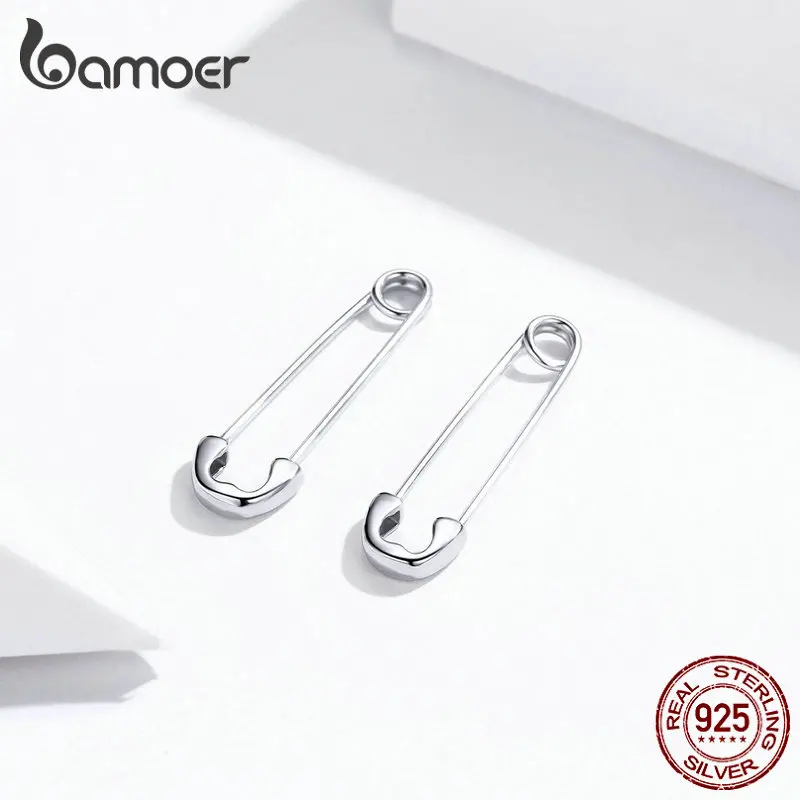 BAMOER Authentic 925 Sterling Silver Happy paper clip Stud Earrrings for Women Retro Jewelry earring Bijoux SCE695-A