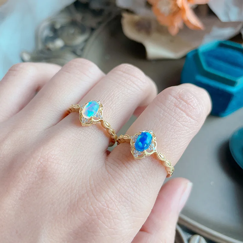 

Silvology Real 925 Sterling Silver Natural Blue Opal Rings for Women Princess Lace Retro Palace Style Rings 2022 Luxury Jewelry