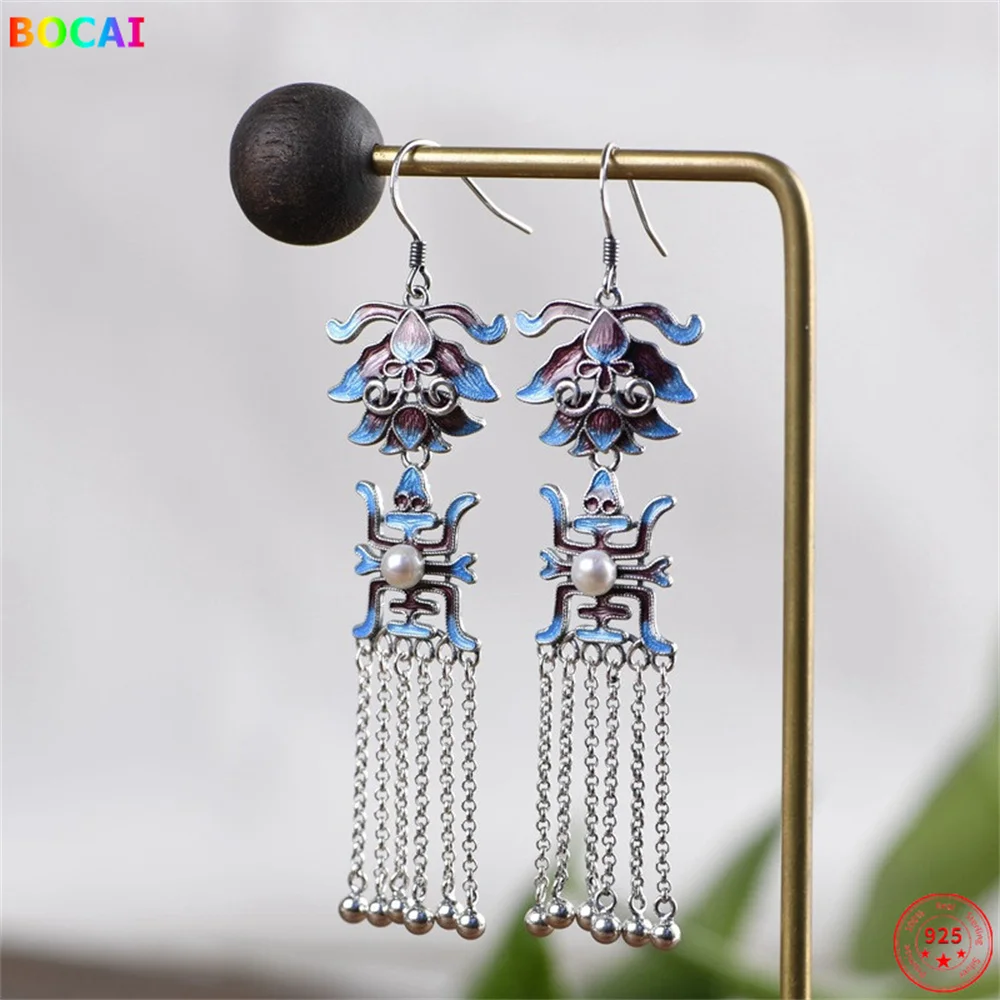 

S925 Sterling Silver Cloisonne Earrings 2021 Popular Retro Totem Pearl Enamel Jewelry Pure Argentum Tassel Ear Drop for Women