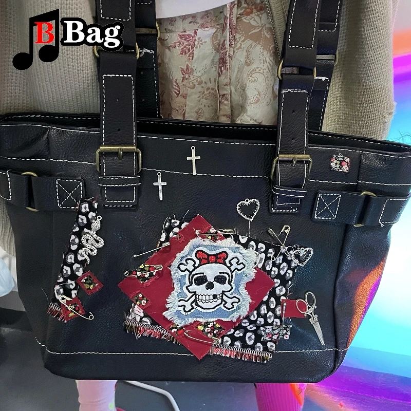 Y2K Gothic Woman Girls Single Shoulder Underarm Bag Tote Harajuku Hot Female Punk Collage Skull pin Large capacity Handbags