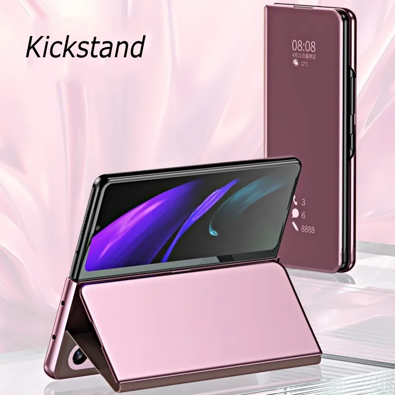 Smart Flip Case For Samsung Galaxy Z Fold 3 2 4 5 Mirror View Plating Plastic PU Leather Kickstand Shockproof Phone Cover Funda