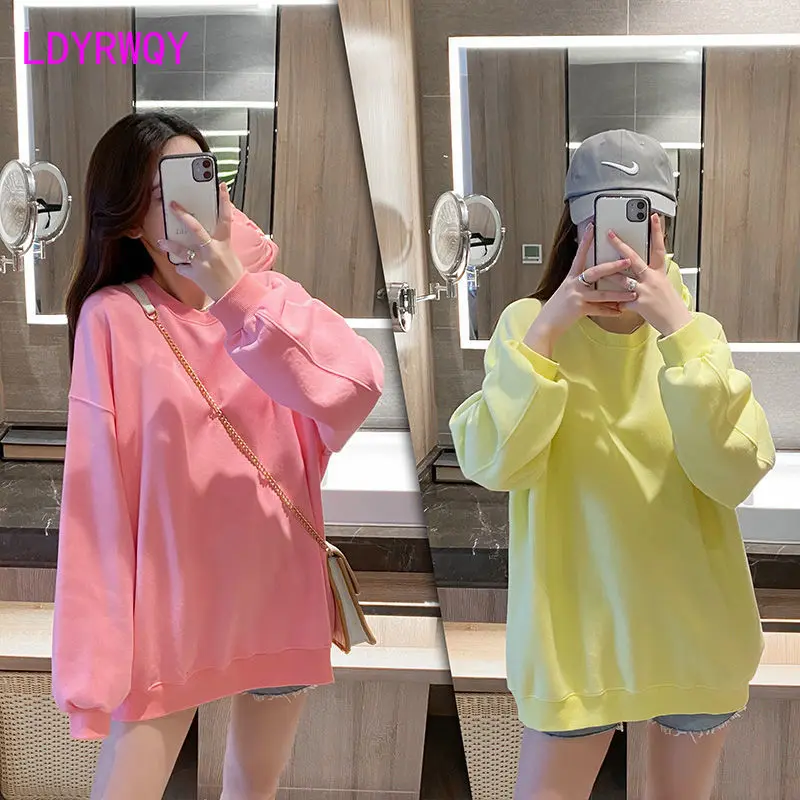 2022 solid color round neck sweater women's autumn new style candy color mid-length Korean loose thin long sleeves