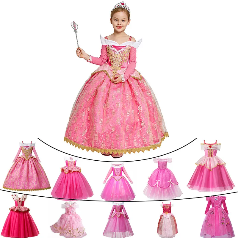 

Girls Sleeping Beauty Aurora Dress Long Sleeves Off Shoulder Lace Robe Kids Gorgeous Christmas Gift Fancy Princess Party Outfits