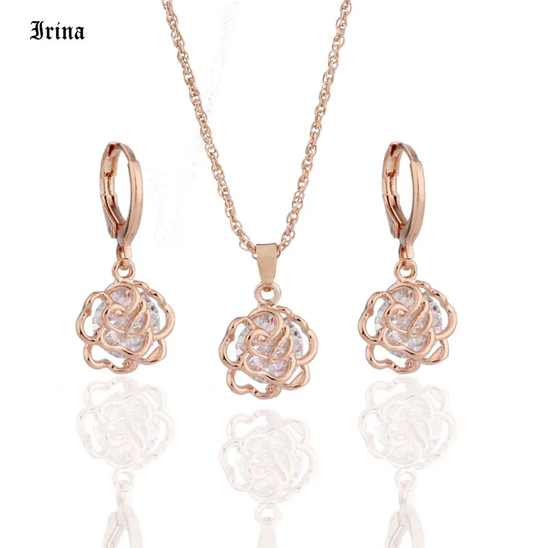 Irina Fashion Design Jewelry Sets Cubic Zircon Hypoallergenic Rose Gold Color Necklace/ Earrings Wedding Jewelry Sets for Women