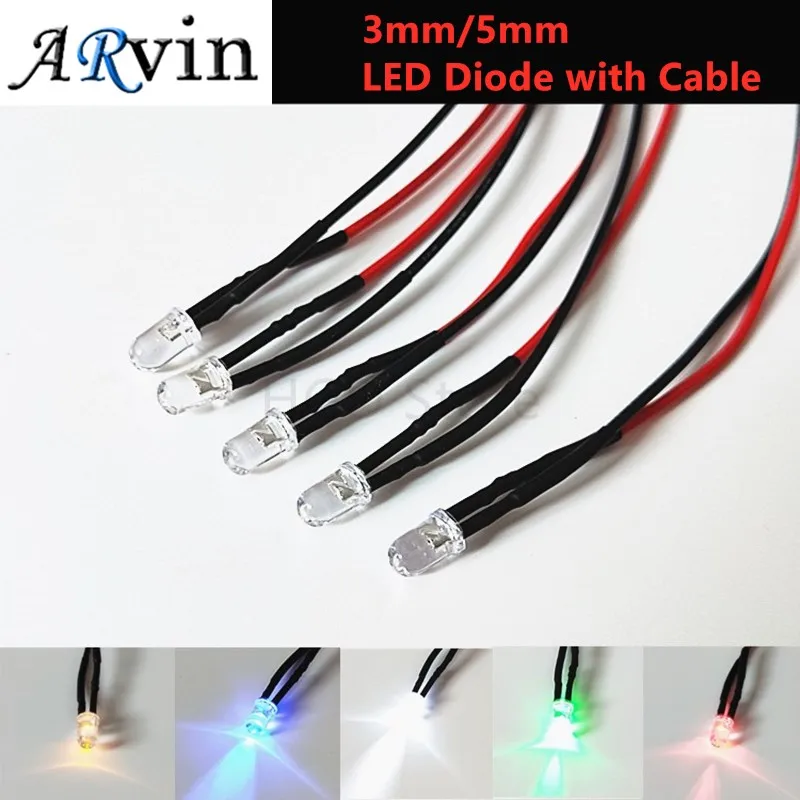 5pcs 3MM/5MM LED 20cm Diode Red Yellow Blue Green White Warm Pink Purple Orange RGB Slow Falsh Light Emitting Diodes With Cable