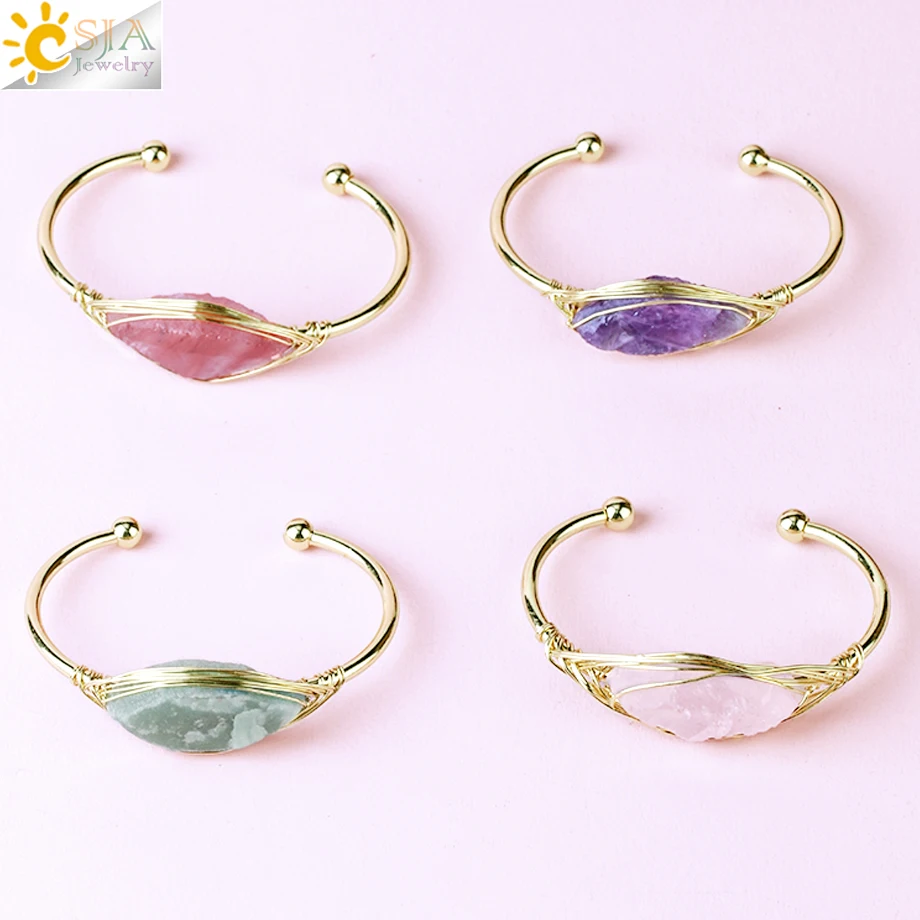 CSJA Gem Stone Open Cuffs Bracelets Crystals Natural Stones Bangles Gold Color Wire Wrap Bracelet for Friend Bijoux Femme G866