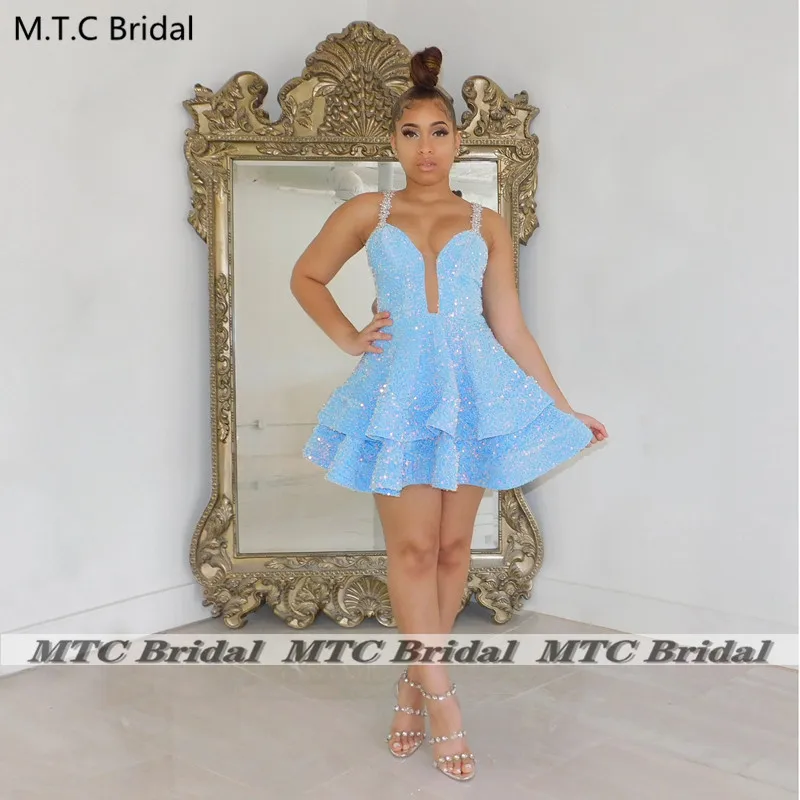 

Sparkly Short Light Blue Prom Dresses Sweetheart Tiered A Line Mini Sexy Black Girls Homecoming Party Occasion Gowns Plus Size