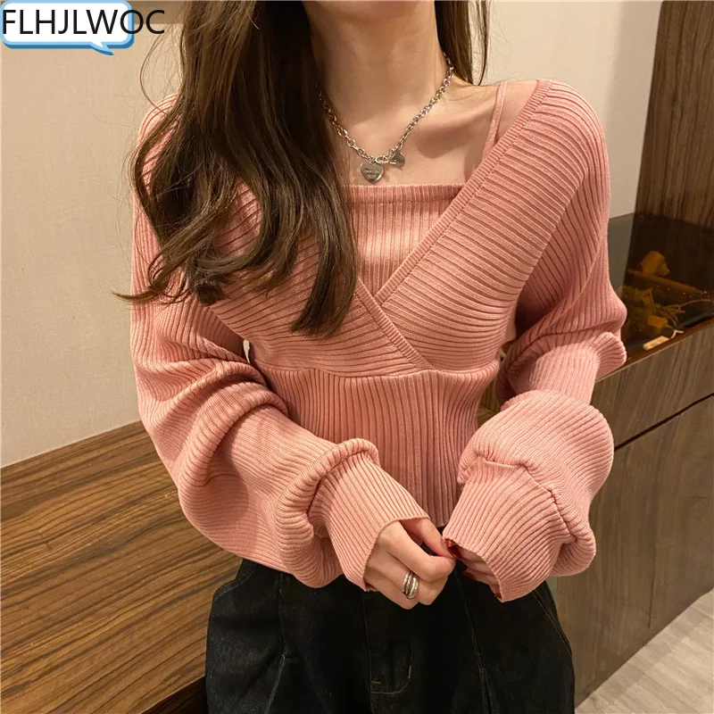 New Year Red Pink Retro Vintage Knitted Jumper Sweater Hot Chic Korea Japan Style Girls Faxu Two Tops Pullovers 2021 Fall Winter