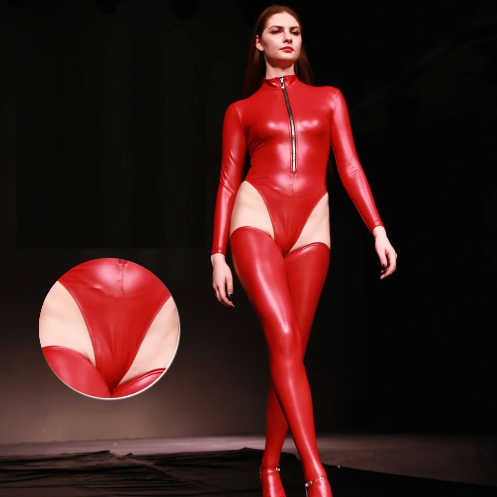 Mono con entrepierna en T y horquilla alta para mujer, mono de manga larga con cuello alto, ropa de actuación de pasarela, leotardo de látex de cuero sintético