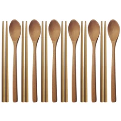 6People Natural Wooden Korean Spoon Long Handle Spoon Chopsticks Handmade Spoon Chopsticks Cutlery Tableware Tree Dinnerware Set