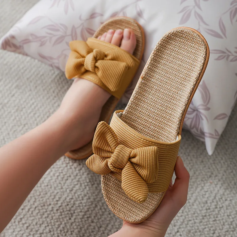 2021Bowknot household cool linen slippers women summer indoor non-slip resistance couples home slippers shoes women