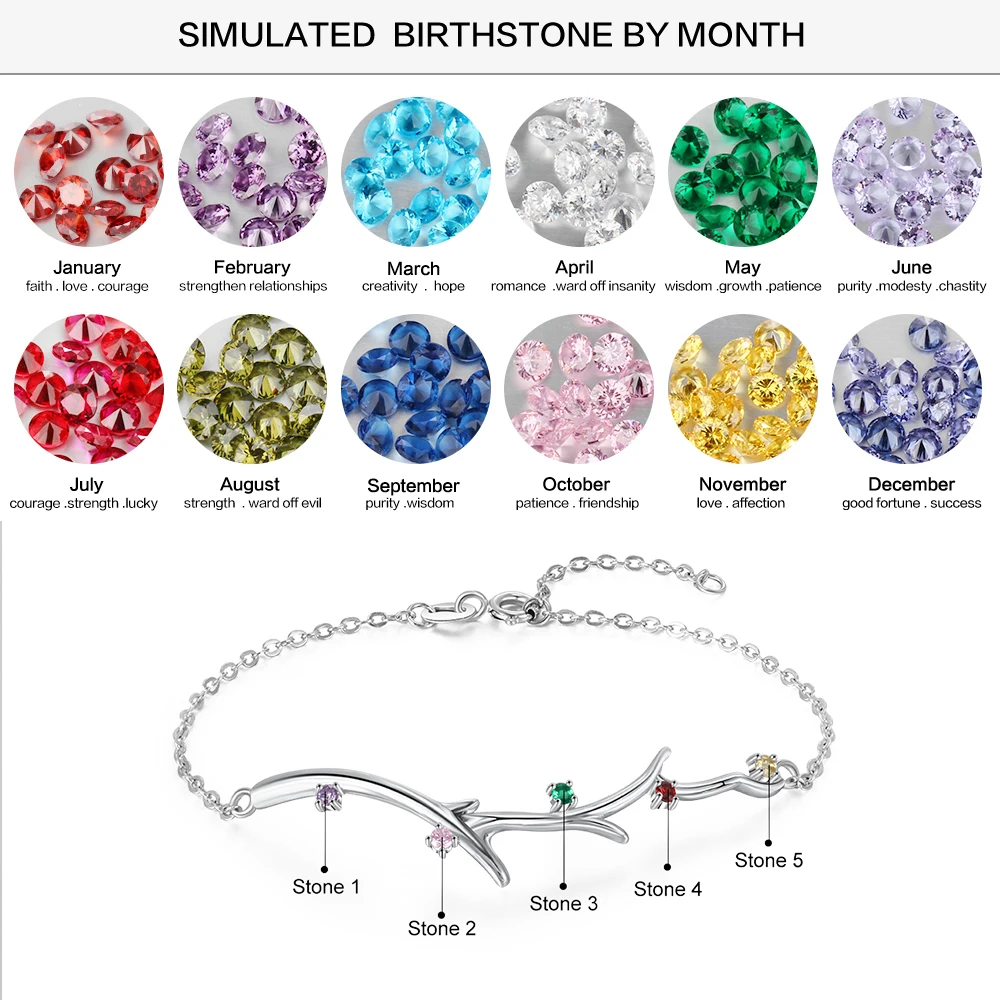 Personalized Branch Bracelet with Zirconia Custom 5 Birthstones Bracelets & Bangles for Women Family Gift (JewelOra BA102611)