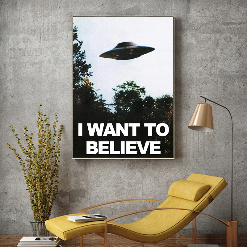 Spaceship Wall Print I Want To Believe Canvas Painting UFO Wall Art Home Decor Mulders Office Posters and Prints Unframed