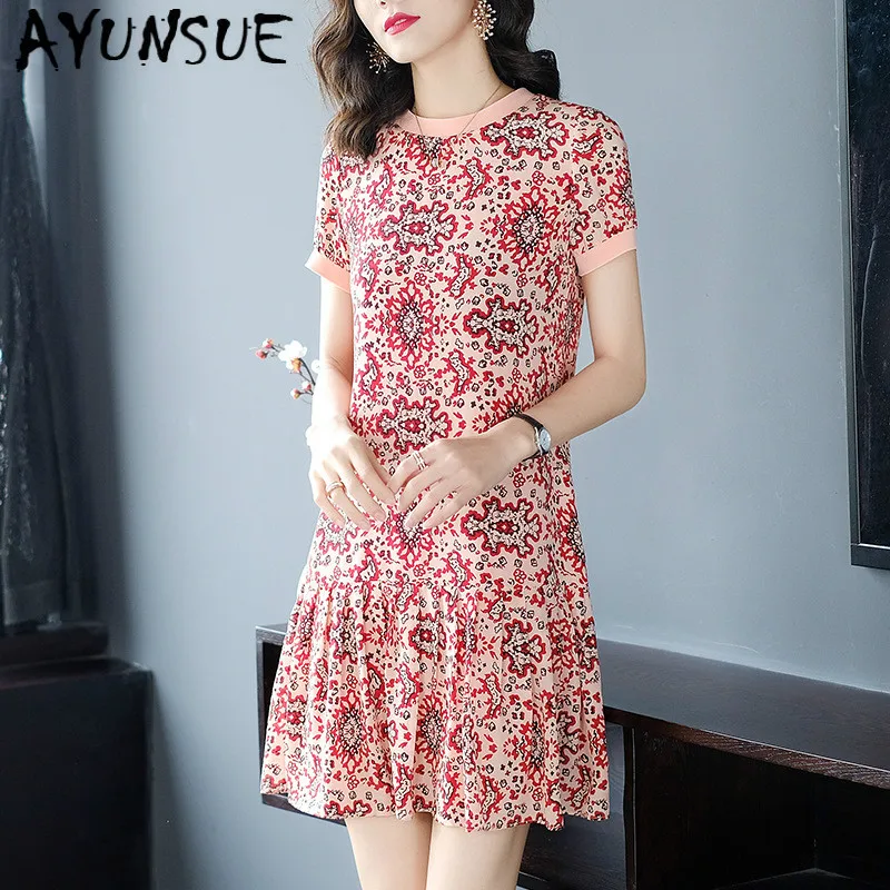 

Real Silk Dress Women Summer Dress Korean Fashion Print Beach Dress Elegant Vintage Party Dress Vestidos Mujer 19427 YY2699