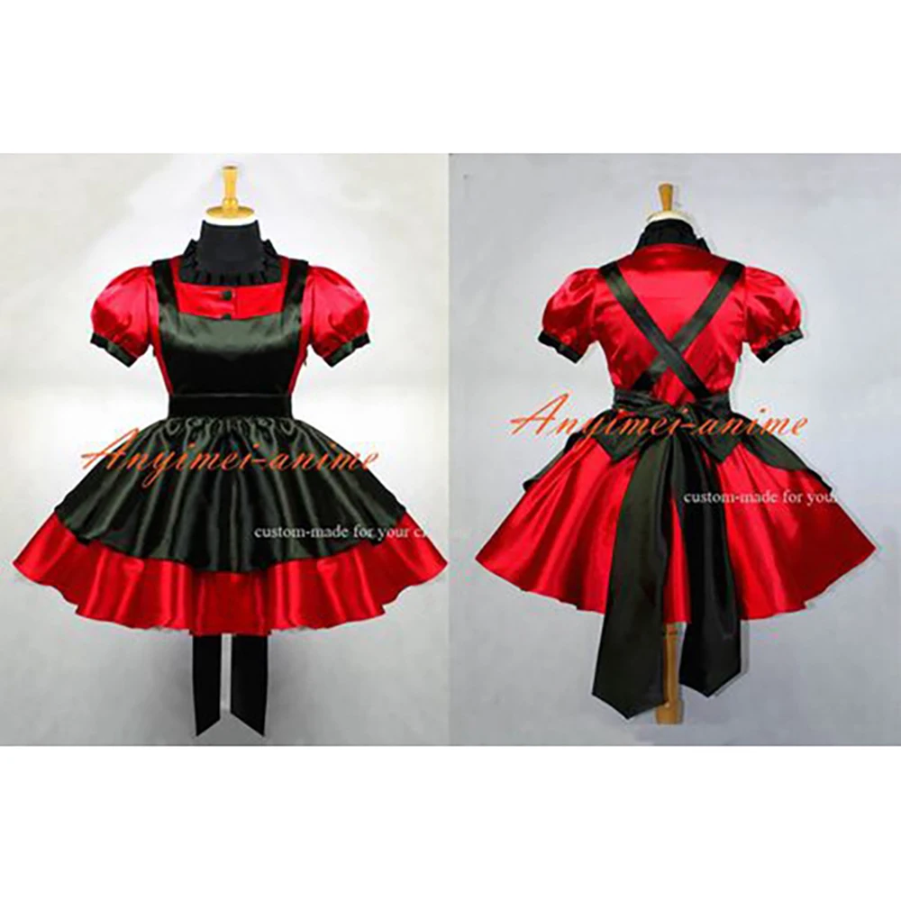 

fondcosplay adult sexy cross dressing sissy maid short Red Satin Dress Uniform Lockable black apron Costume Custom-made[G645]