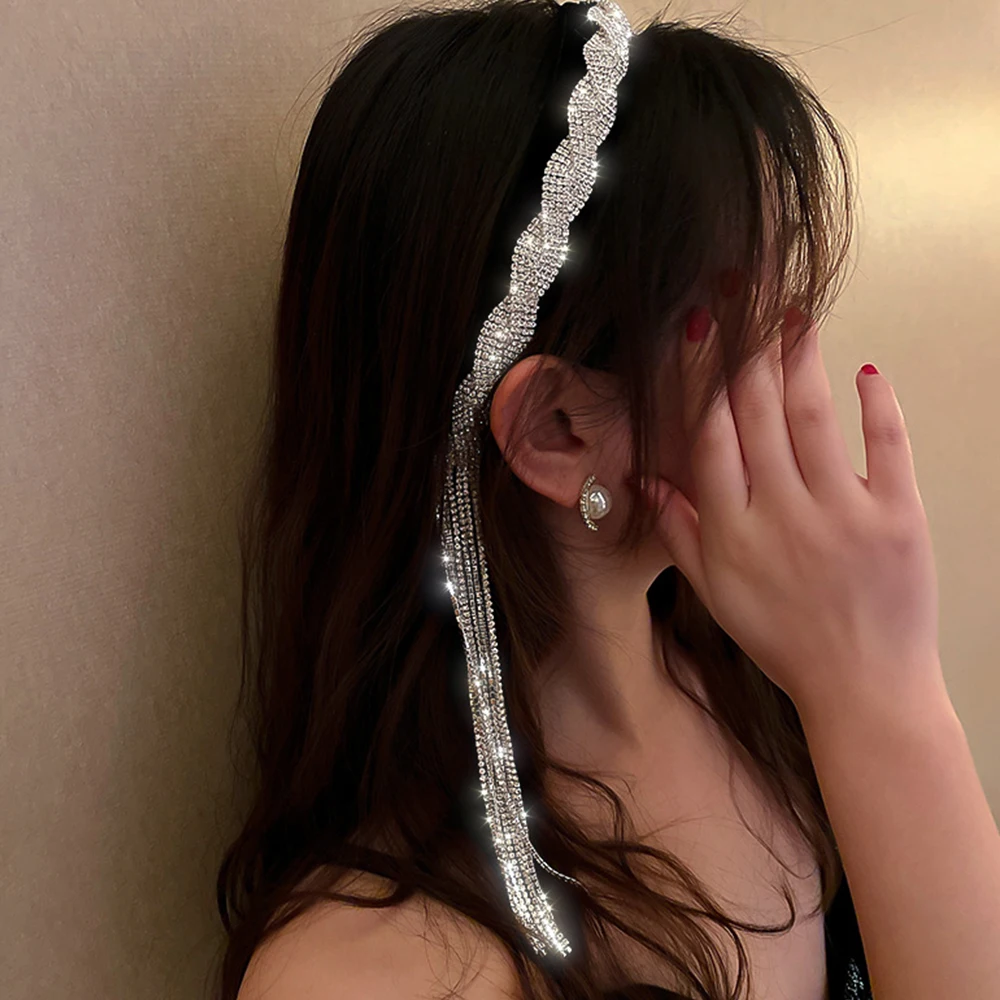 Vintage Rhinestone Tassel Head Wear Headband for Women Rhinestone Non-slip Border Girl Hairpin Fancy Hair Accessorie Gift