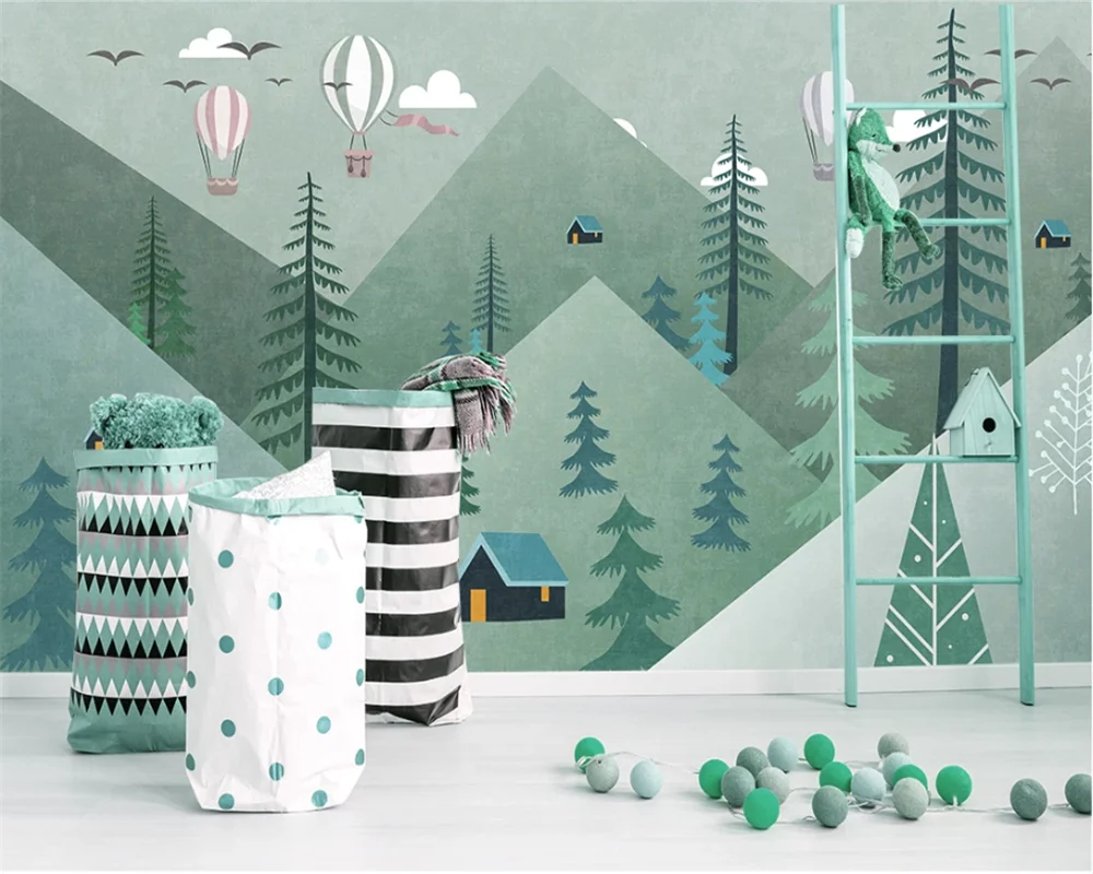 beibehang Custom modern fresh light simple cute geometric mountain forest balloon children's room background 3d wallpaper