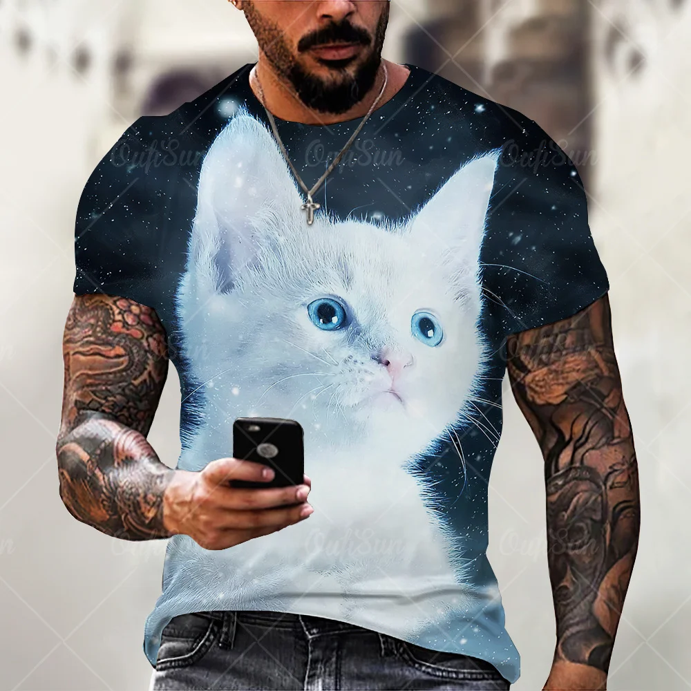 Fashion Man Tees Cute Cat 3D Printing Unisex T-Shirt Male Kawaii O-Neck Summer Short Sleeve Tops Street Oversize Funny Clothes