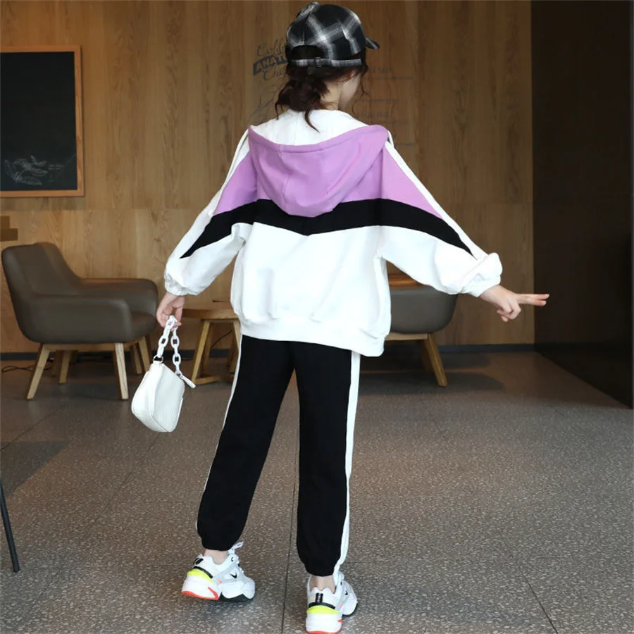 Girls Clothes Sets Hooded Long Sleeve Jacket+Pants Sports Suit striped Set Teen Girl Tracksuits 4 6 8 10 12 Years