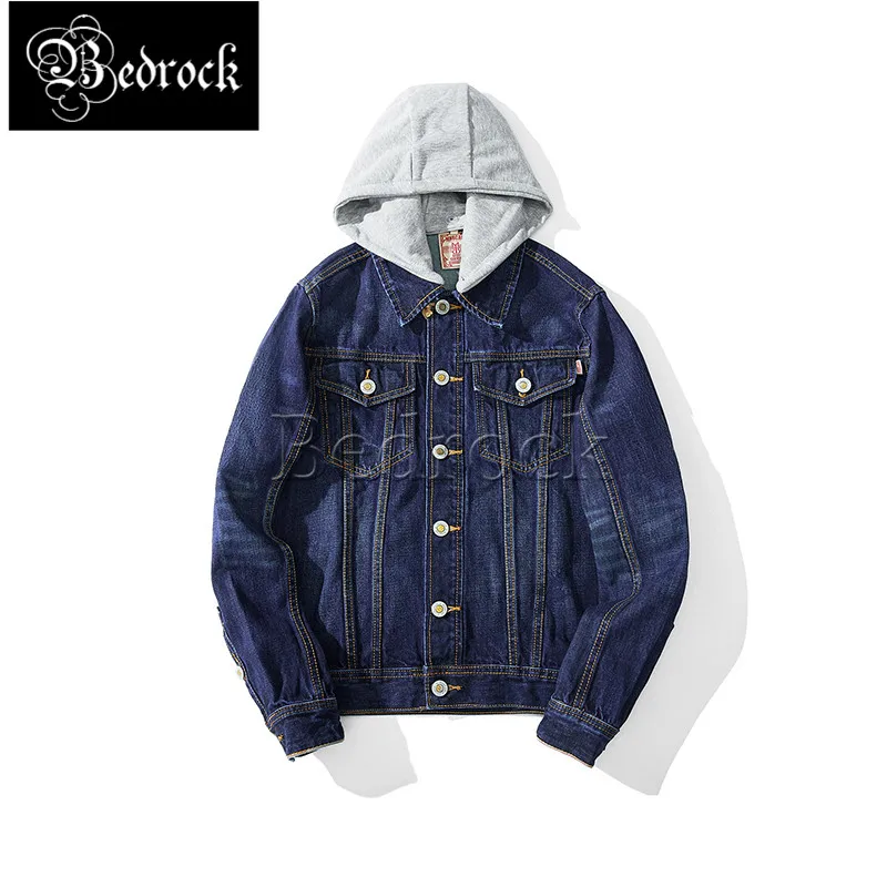 MBBCAR original design Hooded denim jacket hole on the back printed washed blue selvedge denim jacket 371