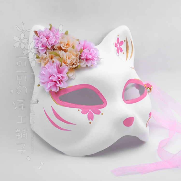 Japanese kimono fox cat mask hand painted anime cherry blossom small fresh silk flower bell cosplay